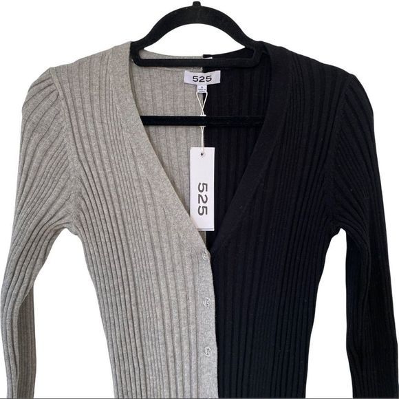 NWT 525 AMERICA WOMEN'S CONTRAST BUTTON UP RIBBED MAXI SWEATER DRESS BLACK/GREY - Picture 3 of 10